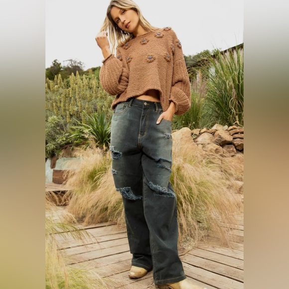 LAST ONE ! POL Brown Textured Knit Sweater with Flower Patchwork Cozy Cute - Picture 4 of 5